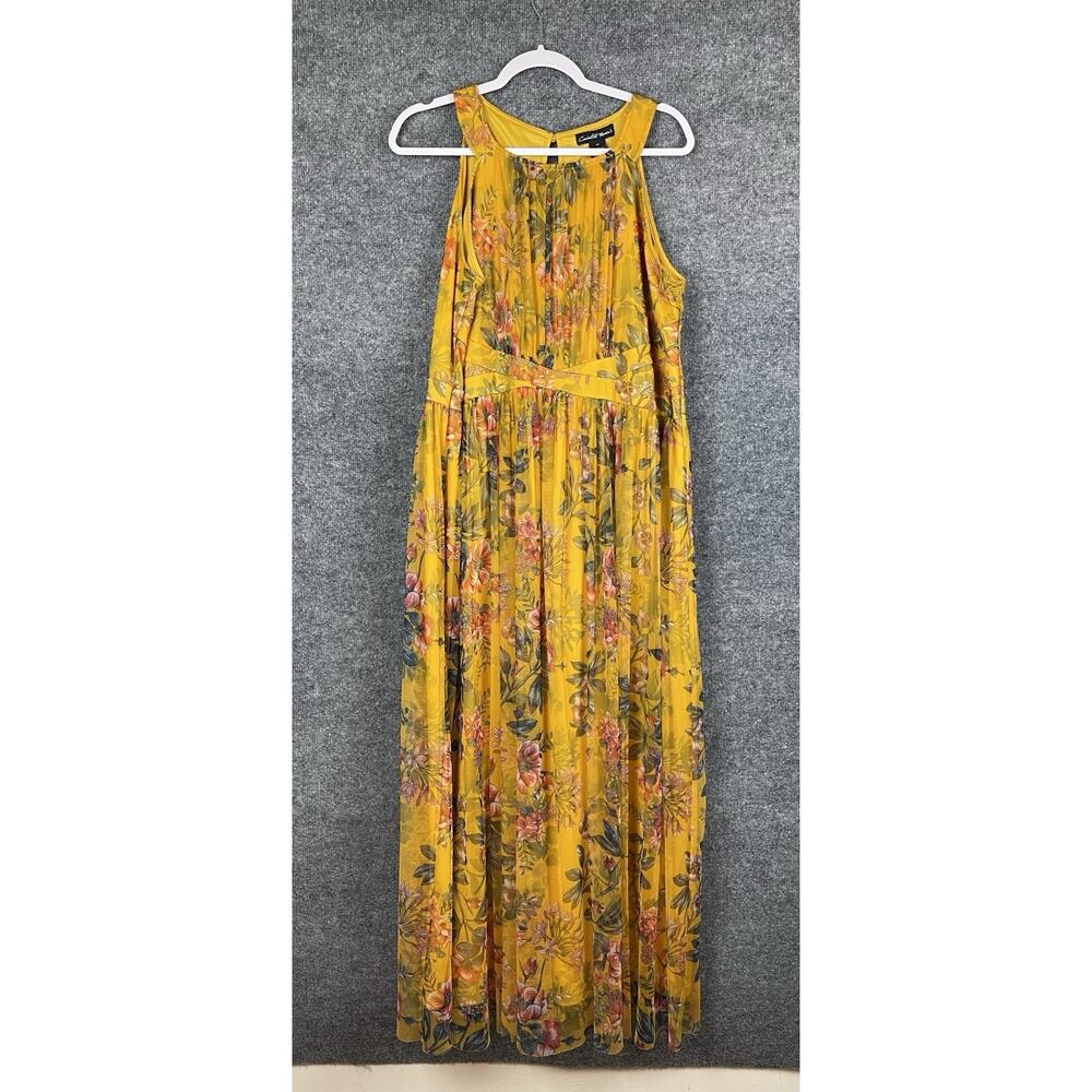 Candalite Sun Dress Women's 1X Yellow Mustard Floral Midi Halter Mesh Summer‎